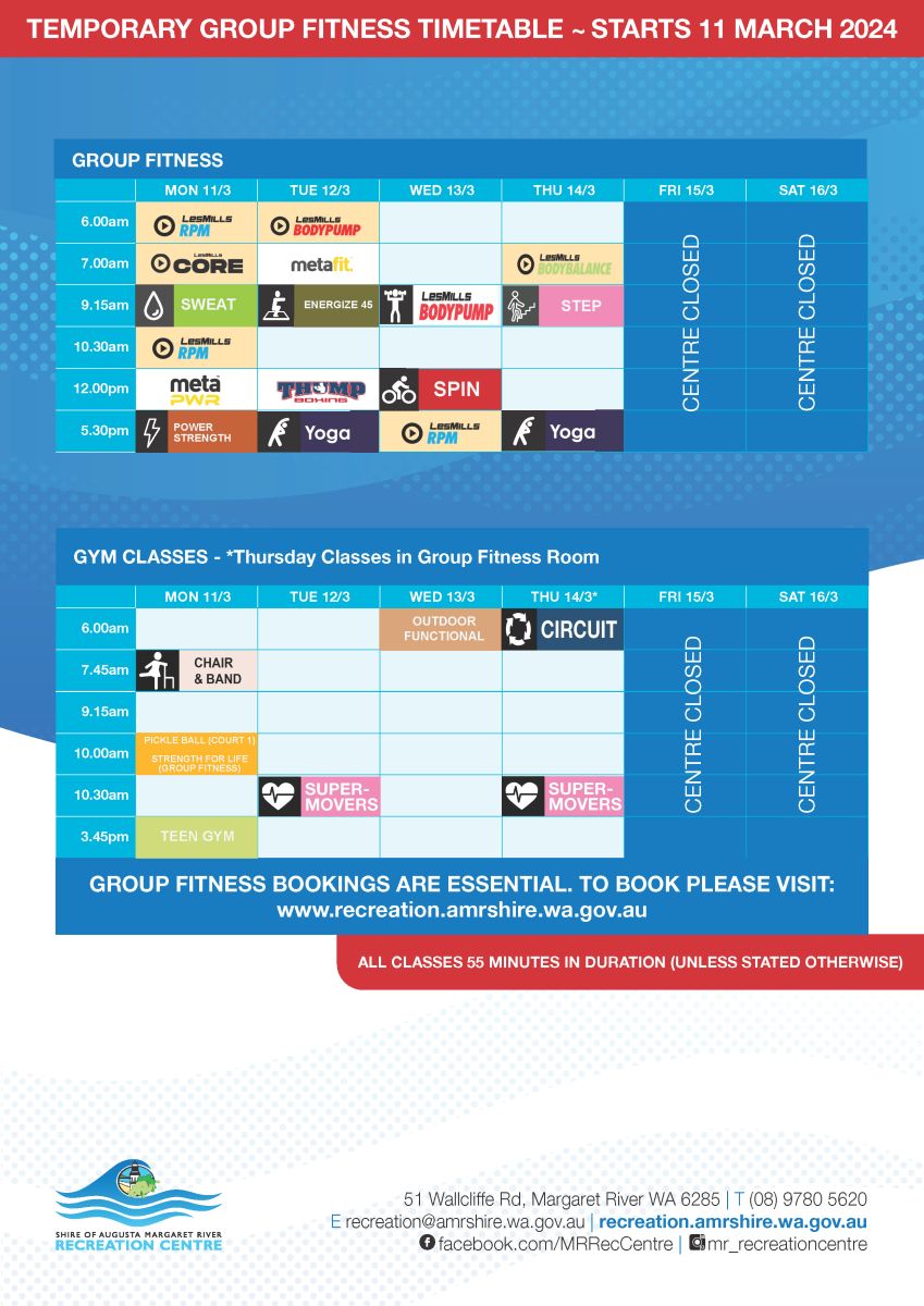 Temporary Group Fitness Timetable