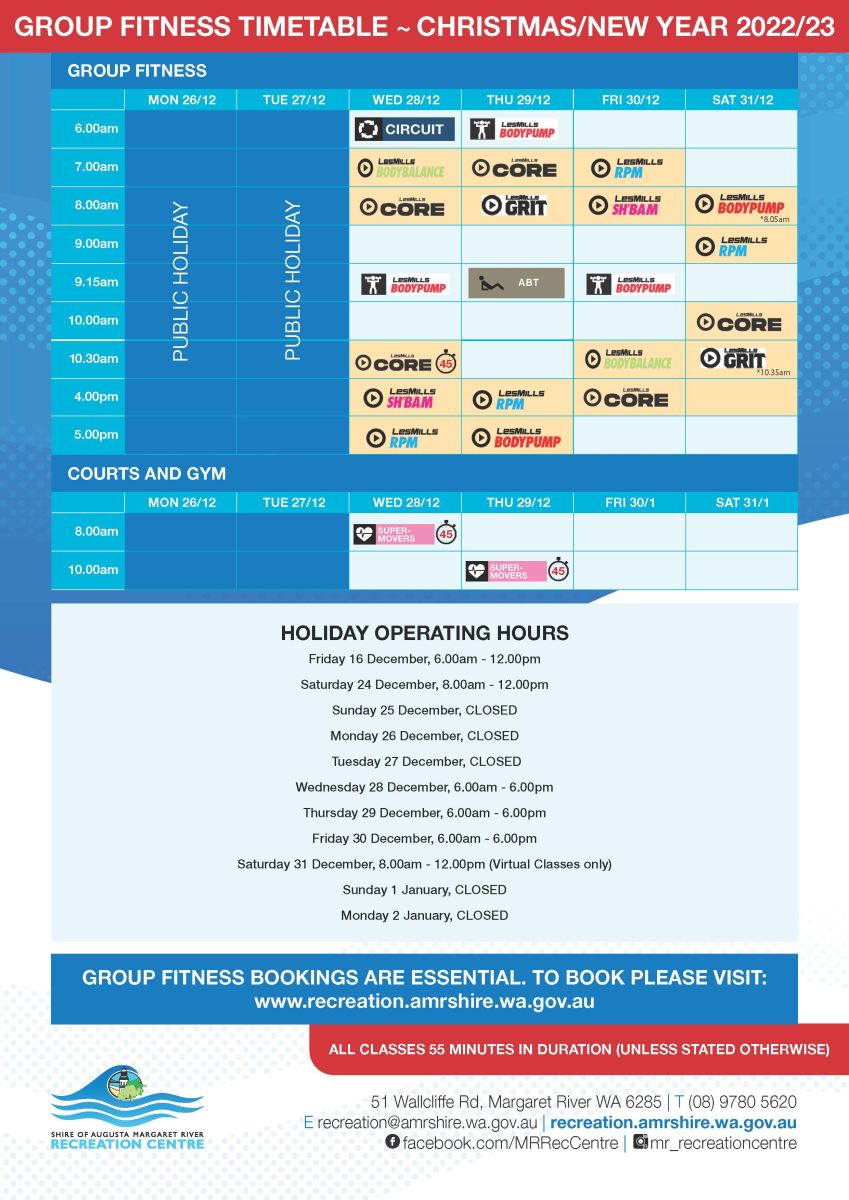 Rec Centre Xmas Timetable & Opening Hours